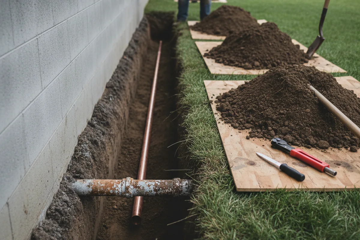 Excavated water line trench during Water Heater Repair in Hurlock